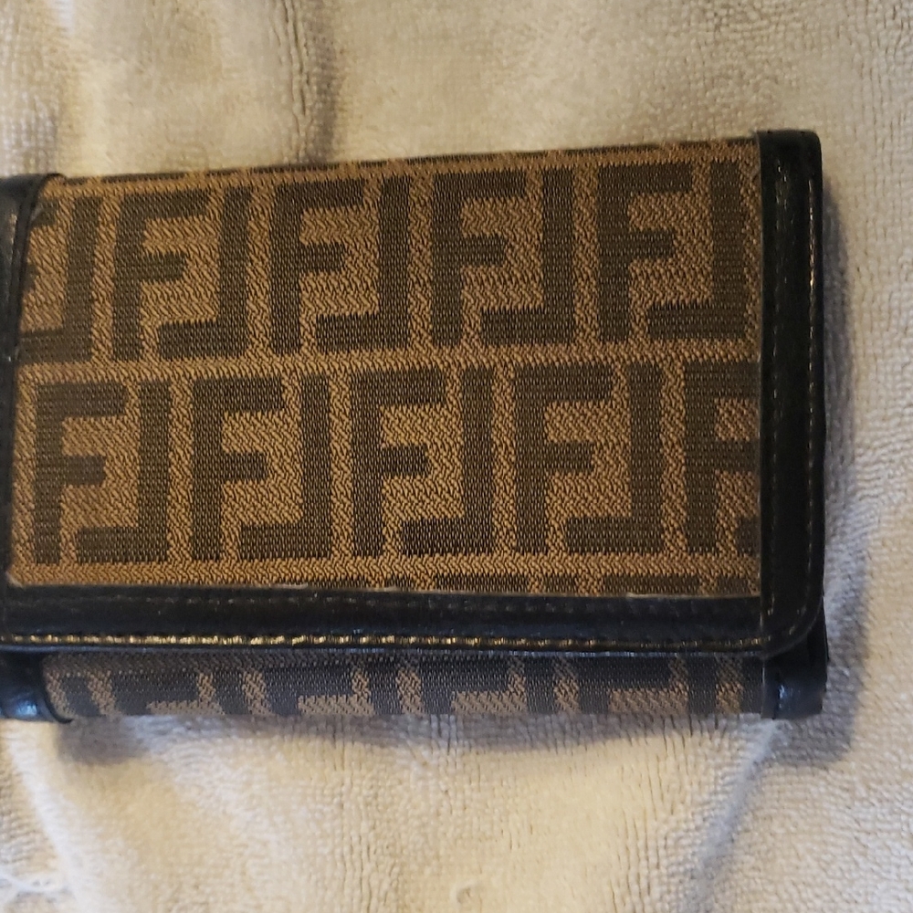 Fendi Brown Zucca Canvas Trifold Wallet with Black Trim